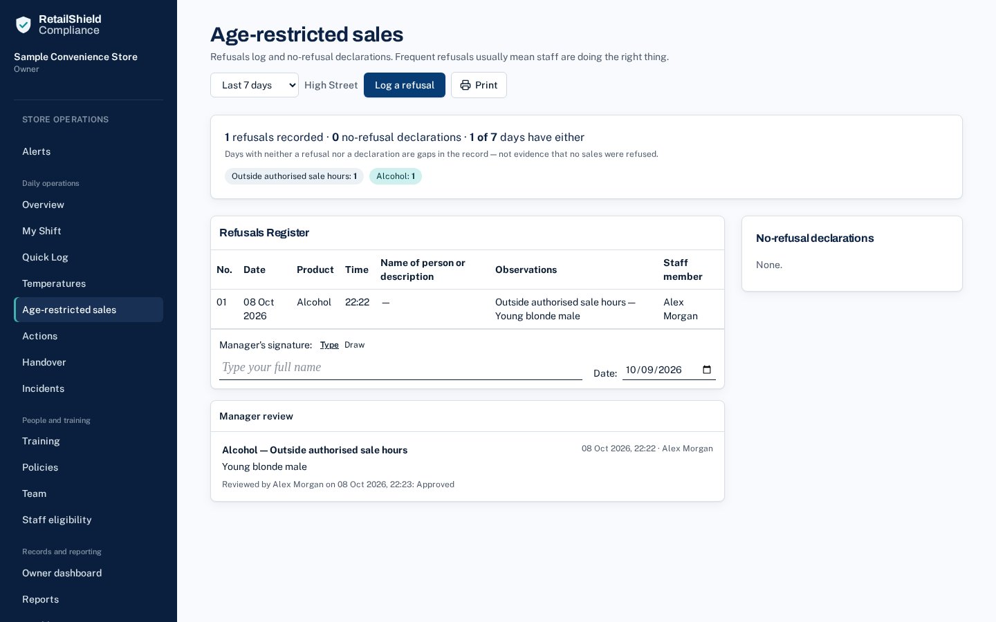 Refusals register screen with sample data