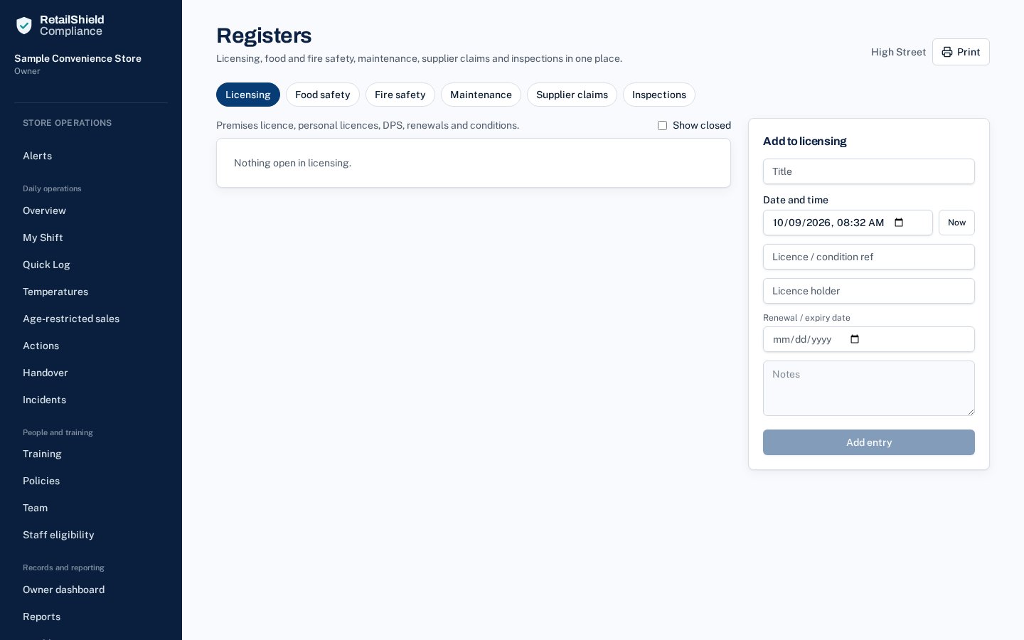 Compliance registers screen with sample data