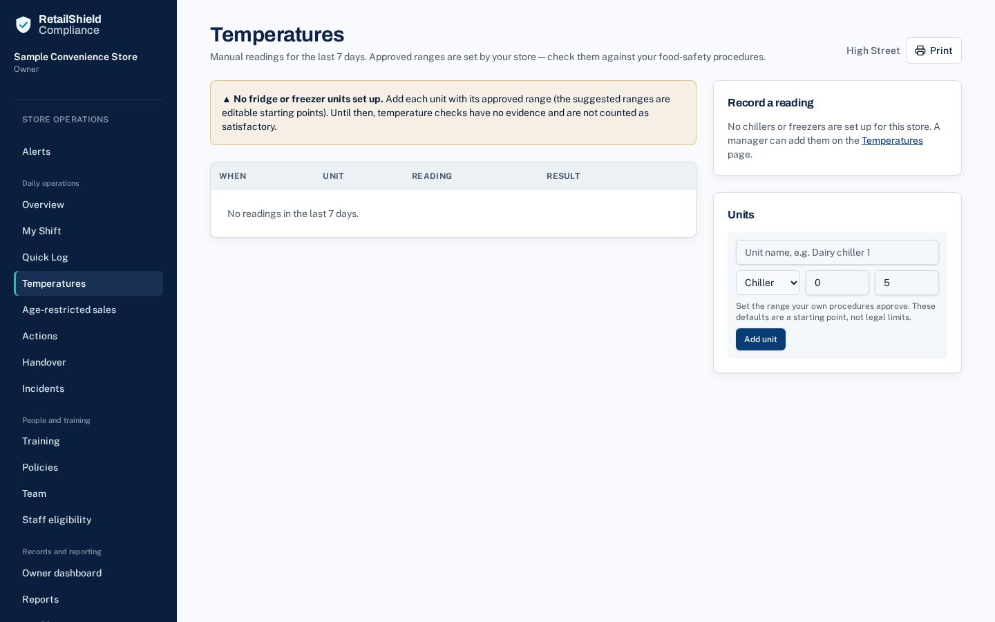 Temperature checks screen with sample data