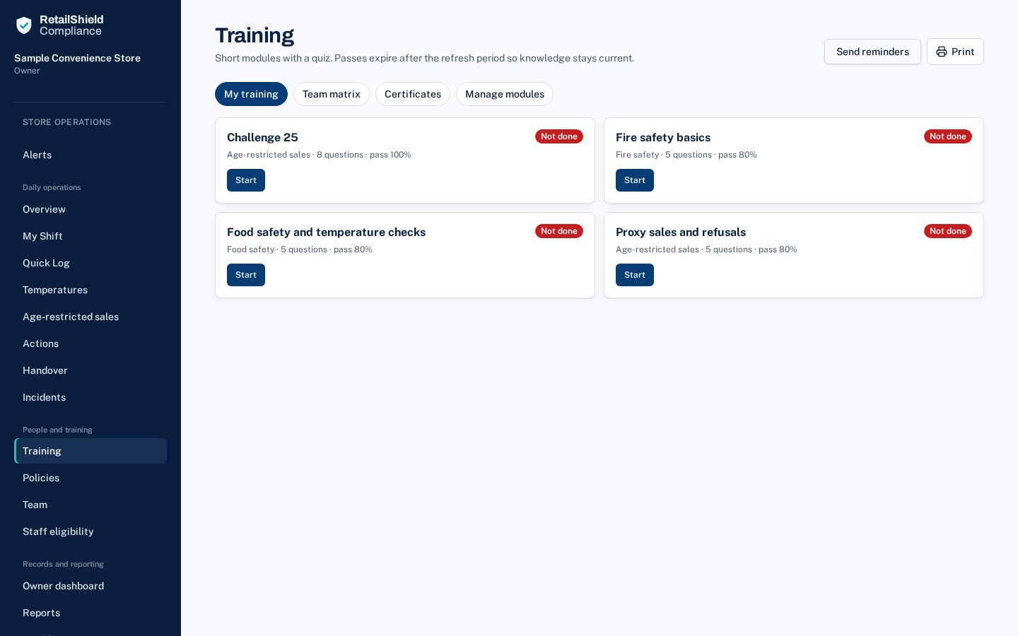 Staff training screen with sample data